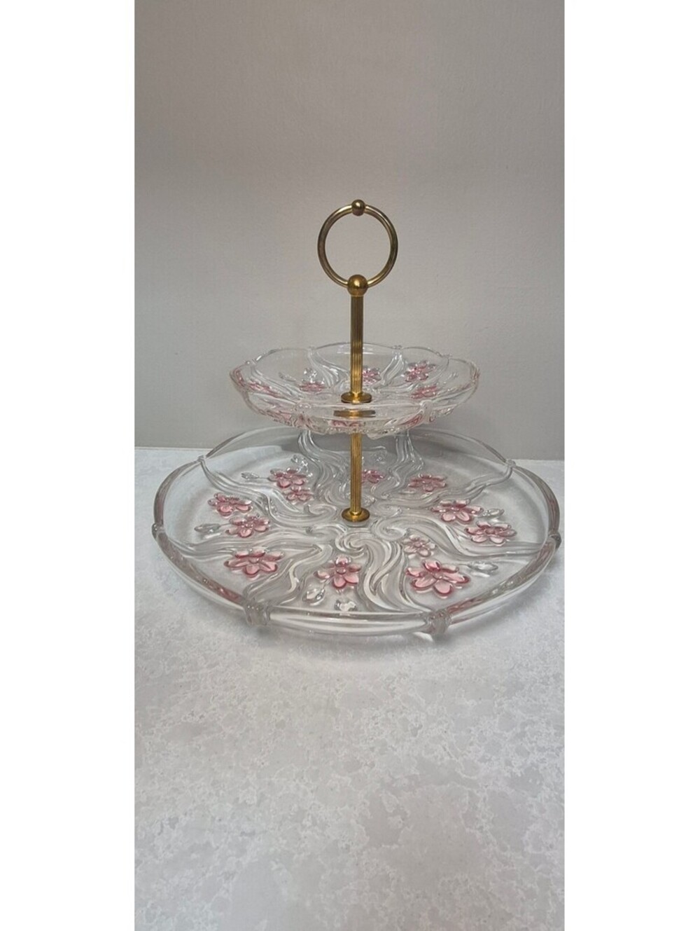 Vintage 2-Tier Glass Cake Stand | Pink Sculpted Floral Swirl Tiered Tray